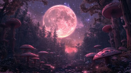 Enchanted Pink Moonlit Forest Path with Giant Mushrooms and Glowing Lights