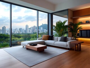 Luxurious apartment living room featuring floor to ceiling showcasing a stunning cityscape view of the urban skyline