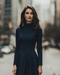 Fototapeta premium Elegant woman in dark blue dress stands confidently against blurred city backdrop, radiating sophistication symbolizing modern professionalism. Ideal for fashion or business ads.