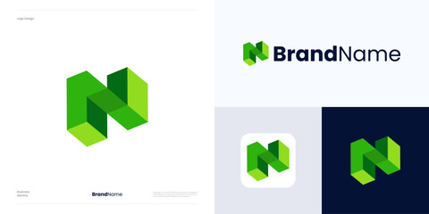 Letter N infinity block logo icon design, Initial letter N with isometric representation, perspective and 3D effect flat color, Symbol N style is geometric, abstract, modern, minimalist, for business