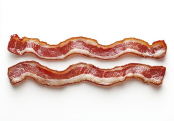 Freshly Cooked Crispy Bacon Strips on White Background with Perfect Texture and Color, Ideal for Culinary Projects and Food Photography