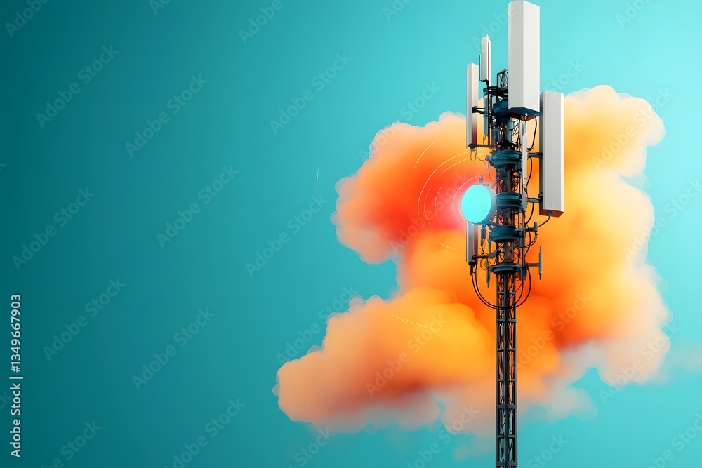 Poster a futuristic high tech antenna array transmitting data across a surreal neon tinged skyscape featuri