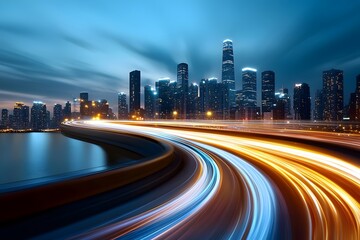 Fototapeta premium Dazzling nighttime cityscape with towering skyscrapers and blurred light trails from speeding vehicles on a busy highway bridge over a reflective river