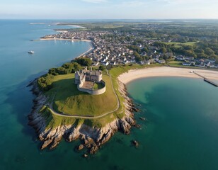 Aerial drone view Saint-Malo Intra-Muros, Brittany, France. Famous fortress coastal city with sea. Beautiful landscape features beach, turquoise water, historic architecture. Aerial photography