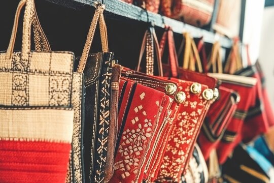 Handcrafted bags with ethnic patterns hang in a vibrant display of artesian craftsmanship.