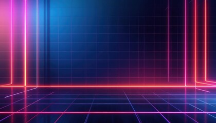 Dynamic neon light show extravaganza futuristic grid space digital art abstract environment high angle viewpoint visual concept for modern aesthetics and technology
