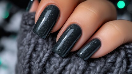 Fototapeta premium Close-up of elegantly manicured nails with dark gray glitter polish