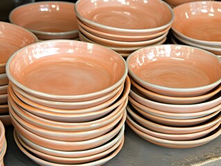 Stack of Peach-Colored Ceramic Bowls, Handmade Pottery Dishes