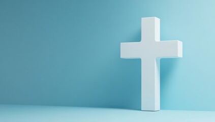Obraz premium White cross, blue wall, faith, hope, background, religious design