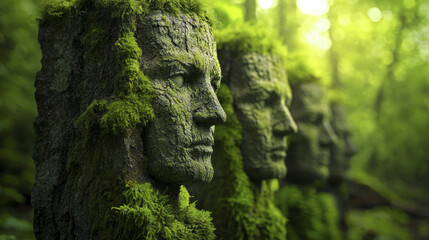 Forest sculptures with moss covered faces, blending art and nature beautifully