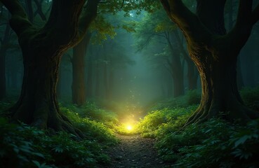 Fototapeta premium Enchanted night forest path leads to glowing light. Green trees, leaves, mysterious fantasy landscape. Magical, whimsical, dreamy, aethereal atmosphere. Perfect for book cover, game background,