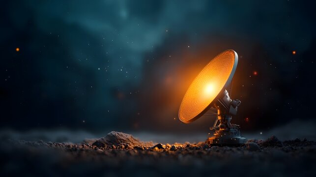 Futuristic antenna complex broadcasting and receiving signals across a dramatically lit atmospheric celestial canvas  Depicting a surreal science fiction inspired landscape with glowing