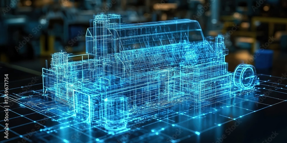 Poster detailed 3d digital rendering of a futuristic industrial machine in a high-tech environment showing 