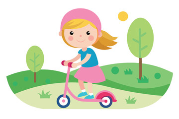 Joyful Blonde Girl Riding Pink Scooter in Nature, Trees, Sunshine, Flat Design Style