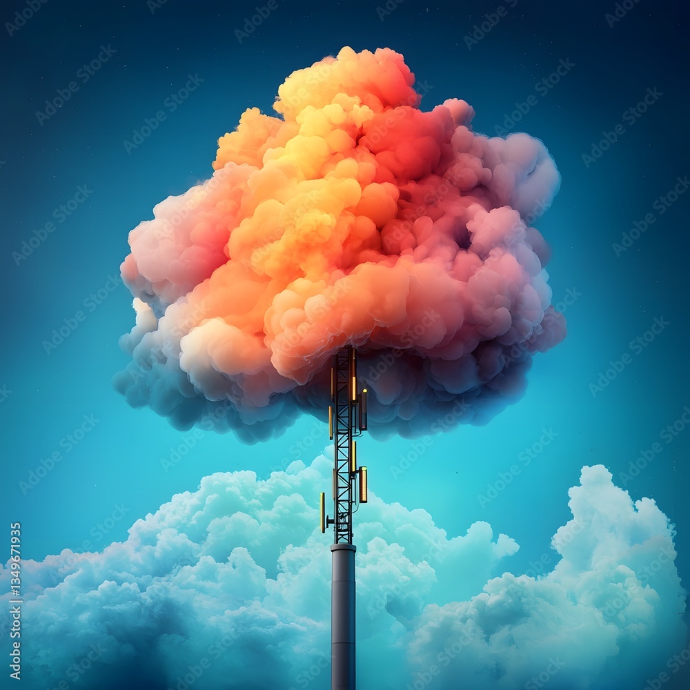 Poster futuristic retrofuturistic communication hub with retro inspired antenna array gleaming metallic fra