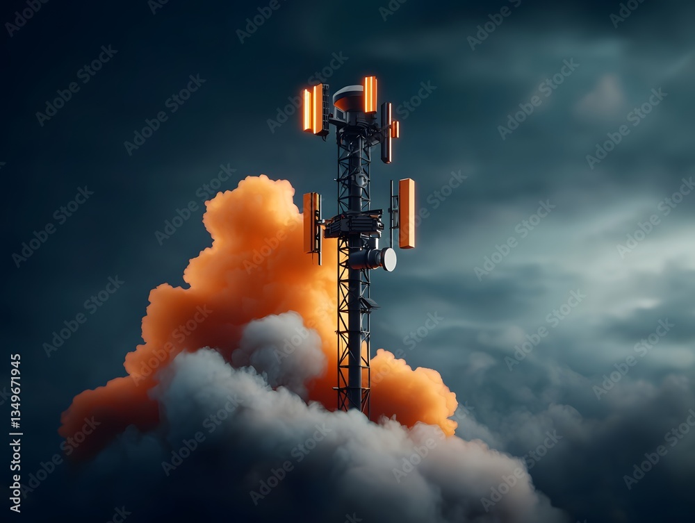 Poster futuristic satellite communication hub with towering transmission mast pulsing energy signals and da