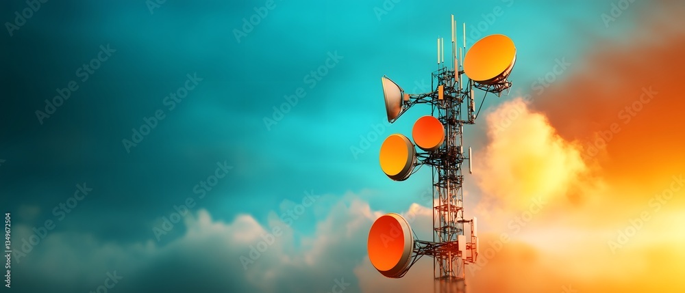 Poster gleaming array of satellite dishes and cellular towers transmitting waves of data across a vibrantly