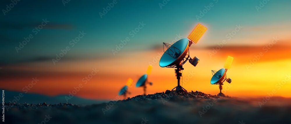 Poster gleaming array of satellite dishes and cellular towers transmitting waves of data across a vibrantly