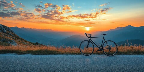 Obraz premium Cyclist's bike rests on a mountain road during a stunning sunset in the evening sky
