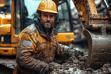 A muddy construction site features a heavy machinery operator wearing a yellow hard hat and soaked work clothes, actively operating equipment while it rains Generative AI