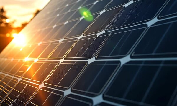 Close-Up of Solar Panels Reflecting Sunset Light with Geometric Pattern in Green Technology