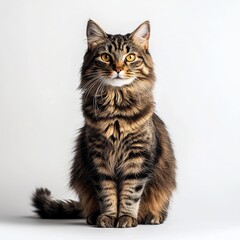 Tabby cat with golden eyes sitting calmly against a white background, symbolizing tranquility and companionship. Perfect for pet care ads, veterinary visuals, and feline portrait features.
