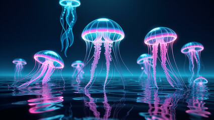 A futuristic 3D-rendered visualization of glowing, bioluminescent deep-sea creatures floating in an ethereal underwater abyss.