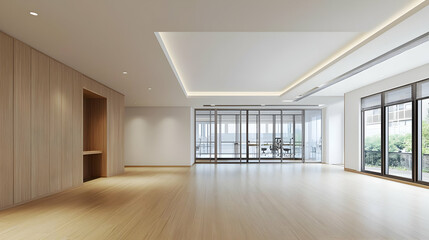 Obraz premium Modern Interior Empty Room with Wooden Wall and Parquet Floor under White Ceiling with Large Windows