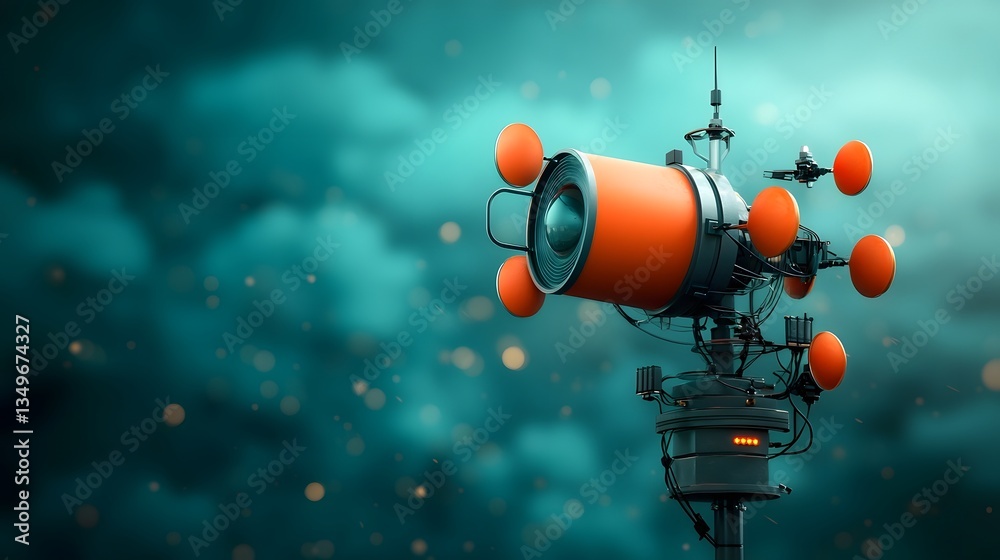 Poster modern futuristic antenna array transmitting and intercepting wireless data with sleek metallic comp