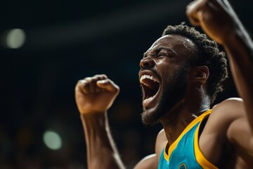 A player celebrates triumphantly after a crucial basket, showcasing raw emotion and energy in the spotlight of a bustling stadium environment Generative AI