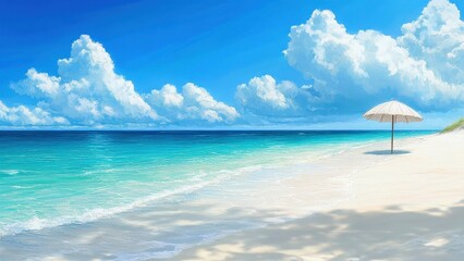 Fototapeta premium Serene Beach Scene with Clouds and Umbrella by the Shore