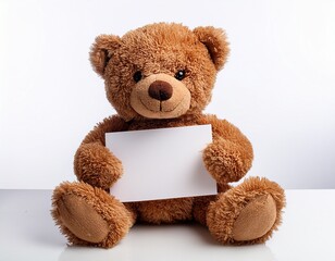 Obraz premium Brown teddy bear holding blank sign, room for own text (pregnancy reveal, gender reveal, birthday). Isolated on white background