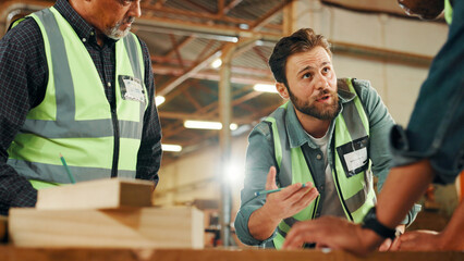Collaboration, meeting and woodwork with carpenter men in workshop for manufacturing or production....