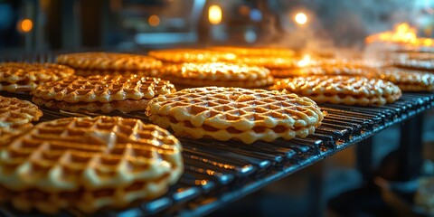 Warm waffles cooking on a grill at a bustling breakfast spot during early morning hours