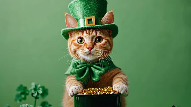 Adorable orange cat dressed in green St. Patrick&rsquo;s Day leprechaun costume against a green background.
