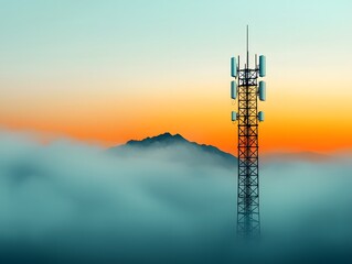 Tall steel communications tower with latticed antenna structure reaching skyward amid hazy gradient sky tones