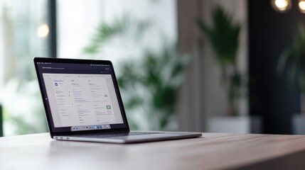 close-up of stylish workspace with laptop open to social media dashboard modern decor bright natural lighting copy