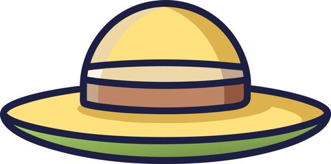 Illustration of a Wide-Brimmed Sun Hat, A bright illustration of a wide-brimmed sun hat with a colorful band, designed for sun protection and style.
