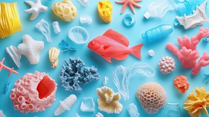 Oceanic plastic waste scenes, isolated. -