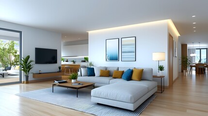 Bright and spacious modern living room with a gray sectional sofa wooden floors large minimalist decor elements creating a warm and inviting atmosphere