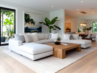 Bright and airy modern living room featuring a comfortable white sectional sofa wooden coffee table and lush indoor plants creating a serene and harmonious atmosphere