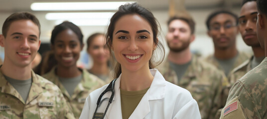 In a bustling military medical facility, a confident healthcare professional stands at the forefront, embodying commitment and expertise. Behind, a diverse team of soldiers supports her mission