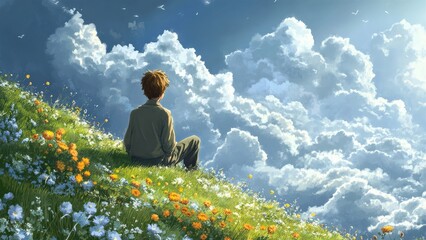 Fototapeta premium A Serene Boy Sitting on a Flower-Laden Hill Under a Blue Sky