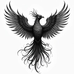 Obraz premium Phoenix bird tattoo sketch illustration. Mythological animal black ink, spread wings, open. Modern tribal decorative design element. Isolated on white background. Rebirth concept.