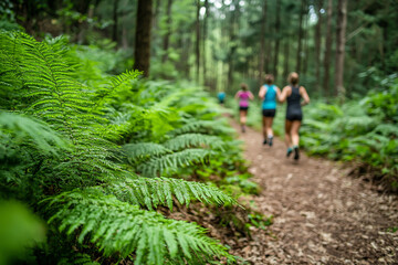 Green ferns in a pine forest, a forest path with people running on it in the distance, deep green color tones, professional photography.
