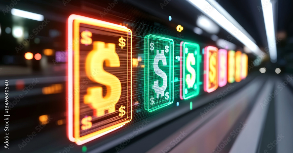 Poster bright and vibrant digital currency symbols illuminate a financial landscape. this display of dollar
