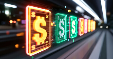 Obraz premium Bright and vibrant digital currency symbols illuminate a financial landscape. This display of dollar icons signifies trust and a focus on portfolio growth amid modern economic dynamics.