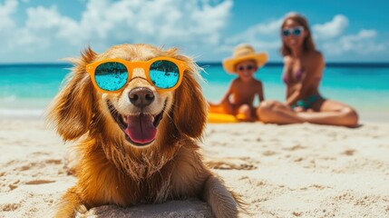 A cheerful golden retriever wearing orange sunglasses smiles at the camera while relaxing on a sandy beach, with a woman and child enjoying the sun in the background
