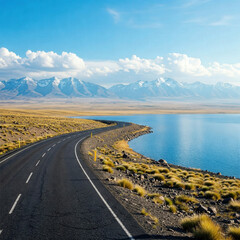 Obraz premium Quiet road under the snow-capped mountains