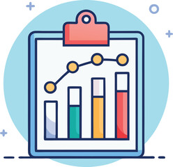 Bar Chart with Line Graph on Clipboard, An illustrated bar chart with colorful bars and a line graph, displayed on a clipboard with a blue background, symbolizing data analysis.
